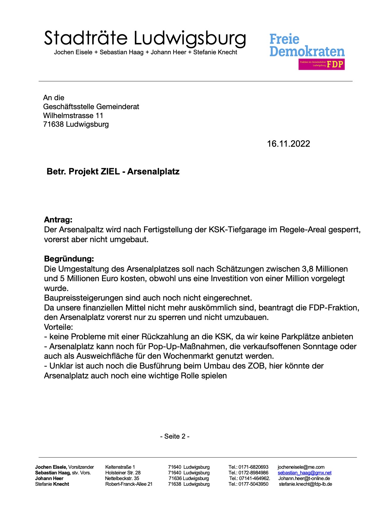 FDP-Antrag: Projekt ZIEL - Arsenalplatz