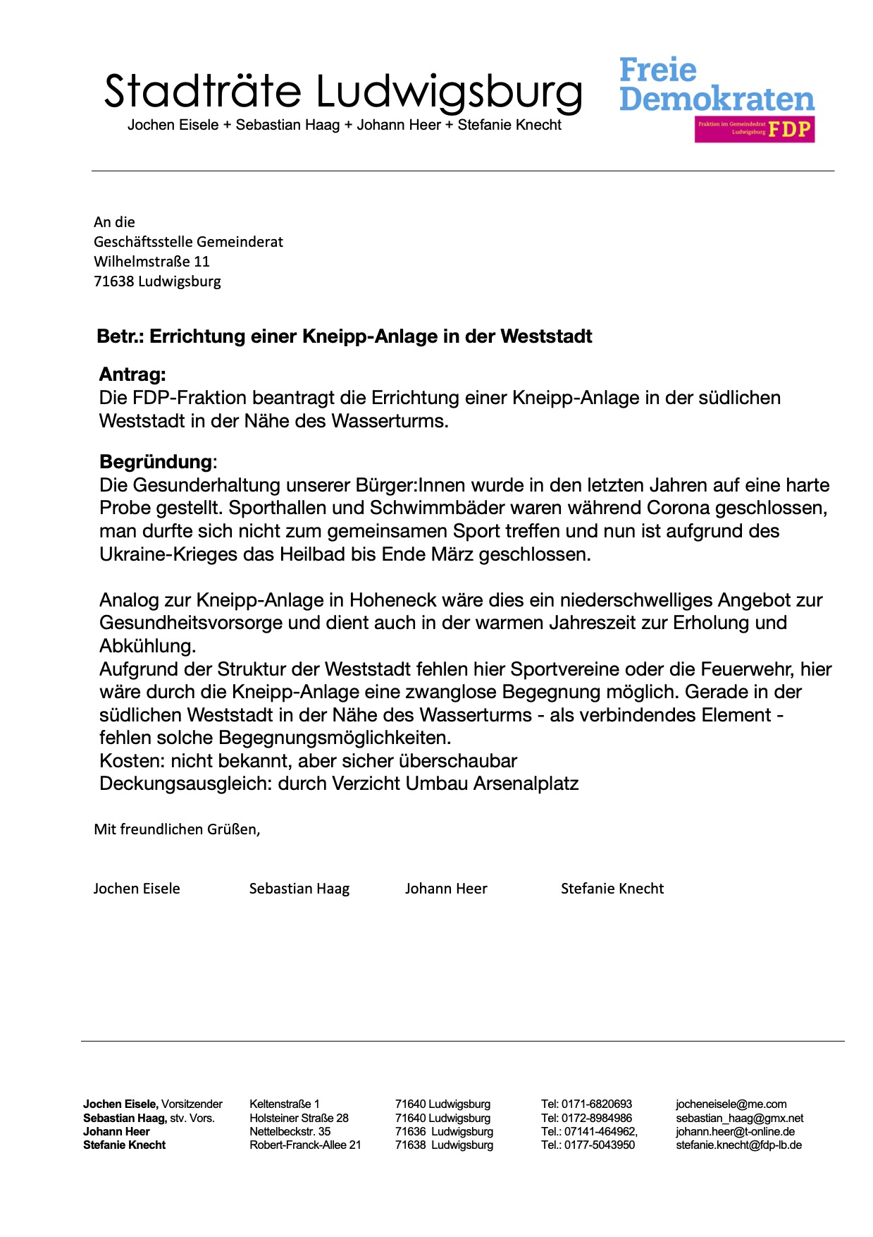 FDP-Antrag: Errichtung einer Kneipp-Anlage in der Weststadt